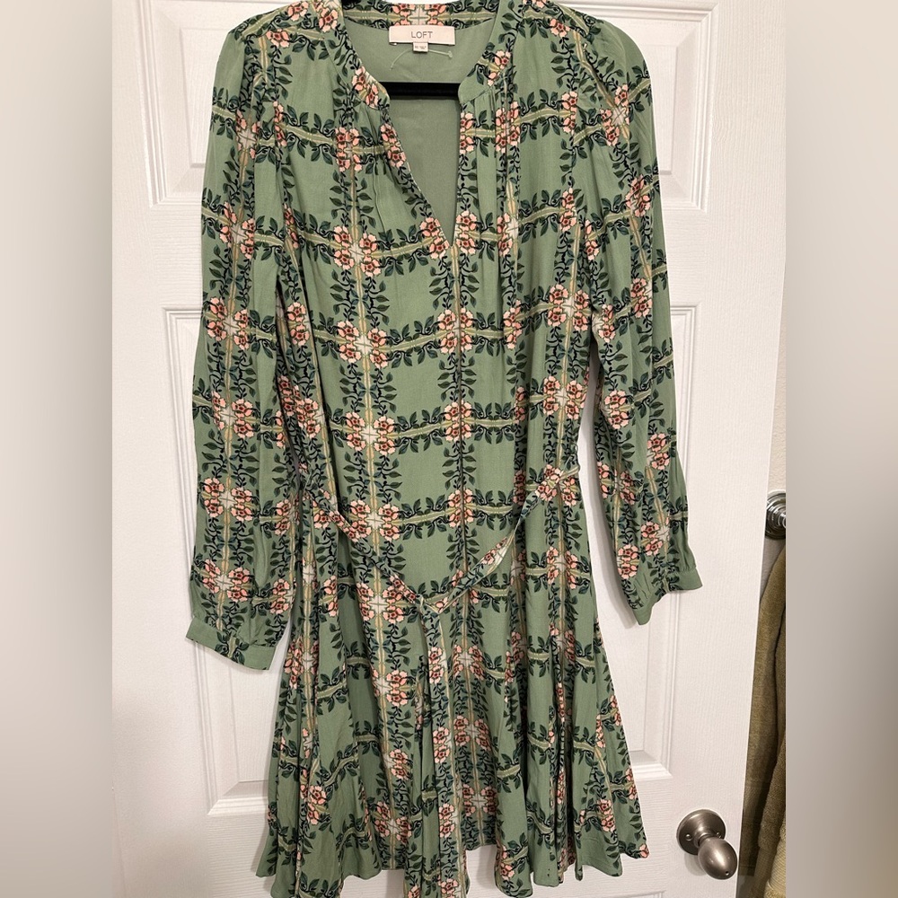 LOFT Olive Floral Long Sleeve Dress